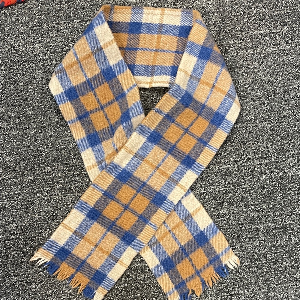Vintage 100% Wool Plaid Scarf Camel Blue Fringe Winter Wrap